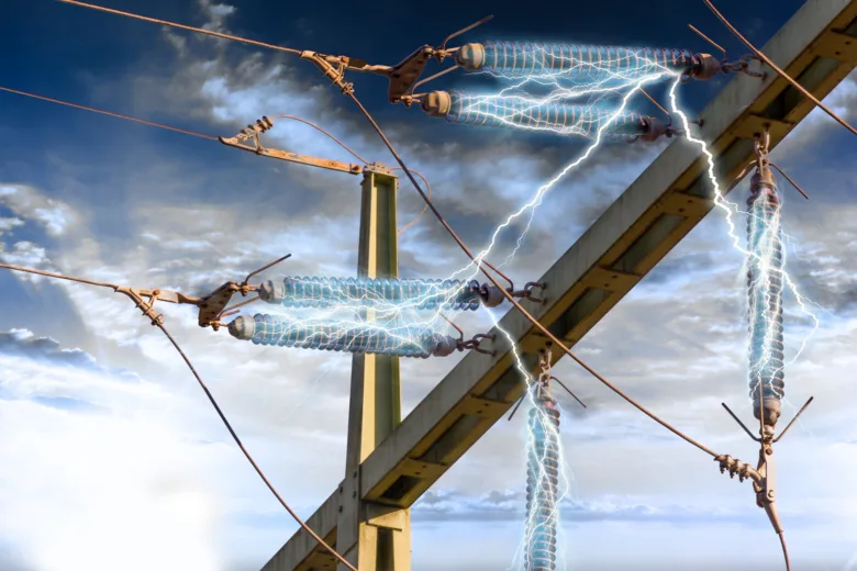 Vysokonapěťové vedení s bleskem ukazuje střídavé napětí v elektrotechnice.