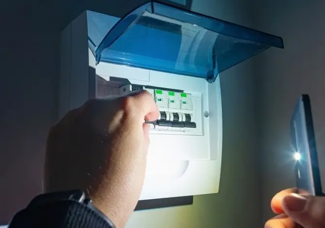 Ruce opravují elektrickou skříň při výpadku proudu.