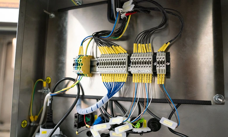 Vodiče ukončené na žlutých konektorech v elektrickém rozvaděči.
