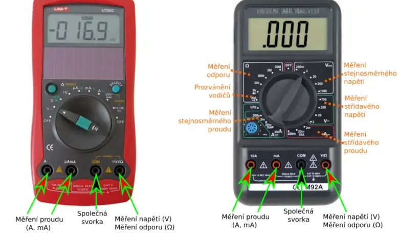 Dva multimetry s českými popisky funkcí pro začátečníky.