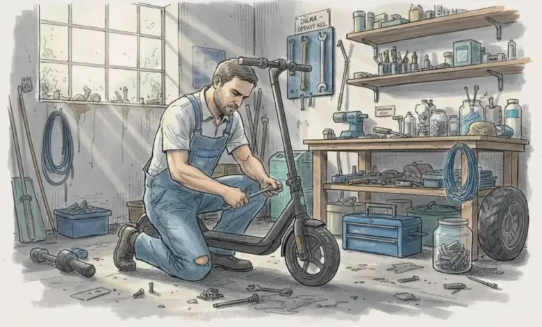 Muž opravuje elektrickou skúter v dílně s nářadím.