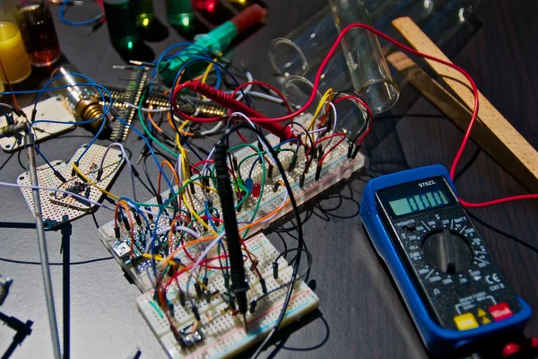 Elektronické zapojení na chlebíčku s měřicím přístrojem.