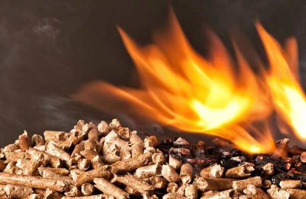 Burning wood pellets and fire