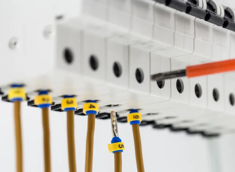 Připojení vodičů k jističi v rozvaděči pro elektrické zapojení.