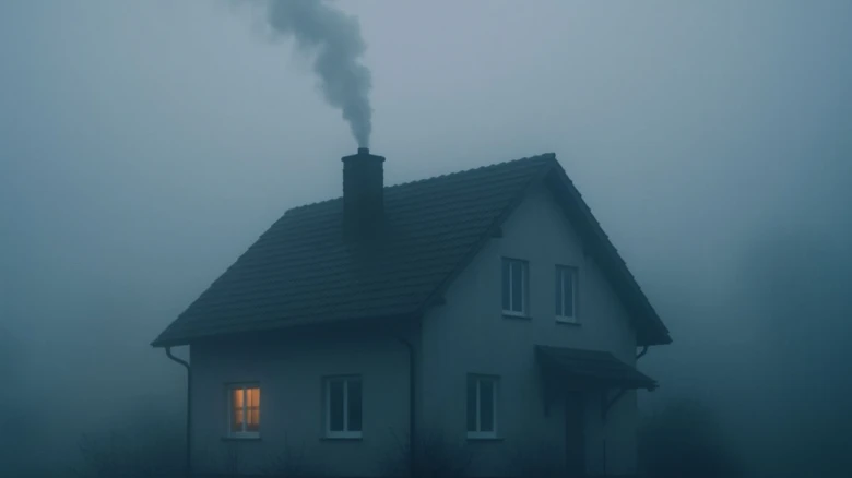 Dům v mlze s kouřem z komína a světlem ve okně.