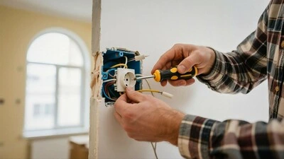 Elektrikář montuje dráty do zásuvky v rekonstruované místnosti.