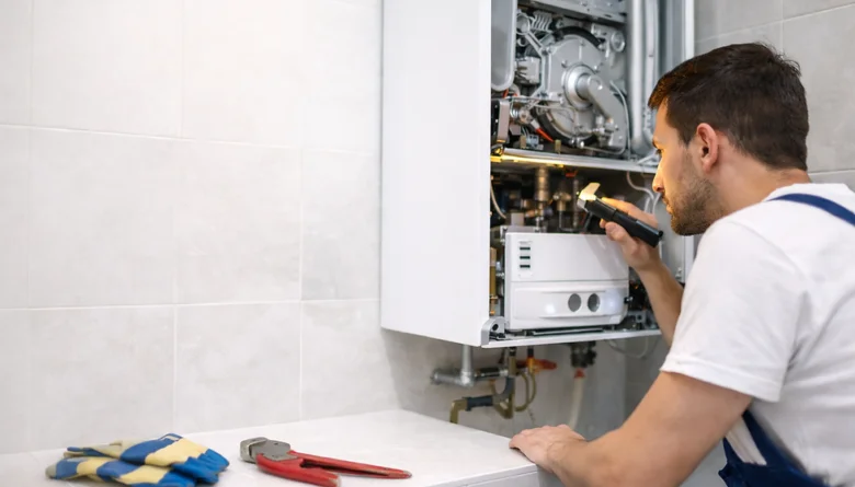 Technik opravuje kotl, který neteče přes pojistný ventil.