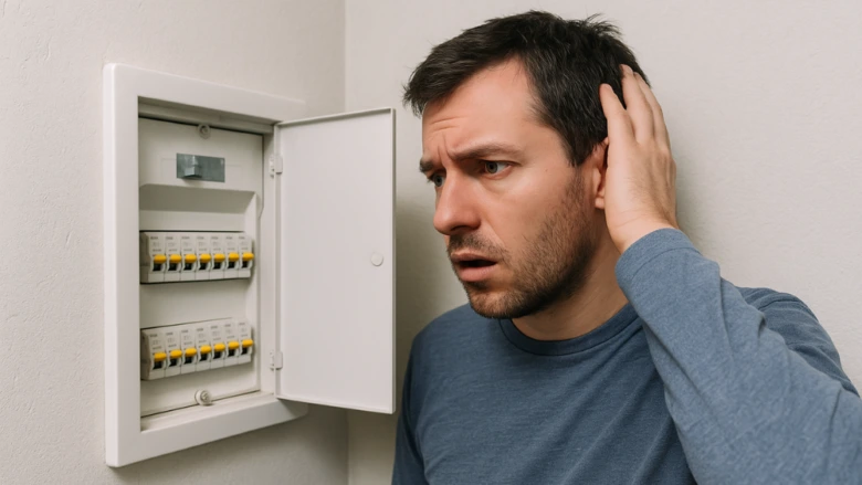 Muž zkoumá rozvaděč s jističi v elektroinstalaci.