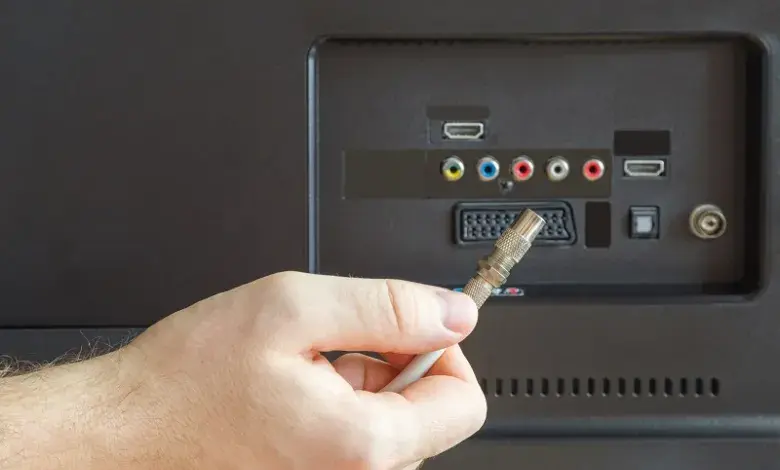 Ruka drží anténní konektor u portů na zadní straně televize.