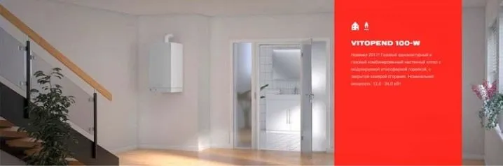 Plynový kotel Viessmann vitopend v interiéru domu s textem produktu.