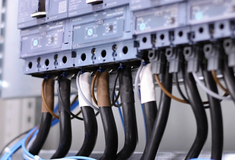 Elektrické kabely připojené k pojistkovým spínačům v rozvaděči