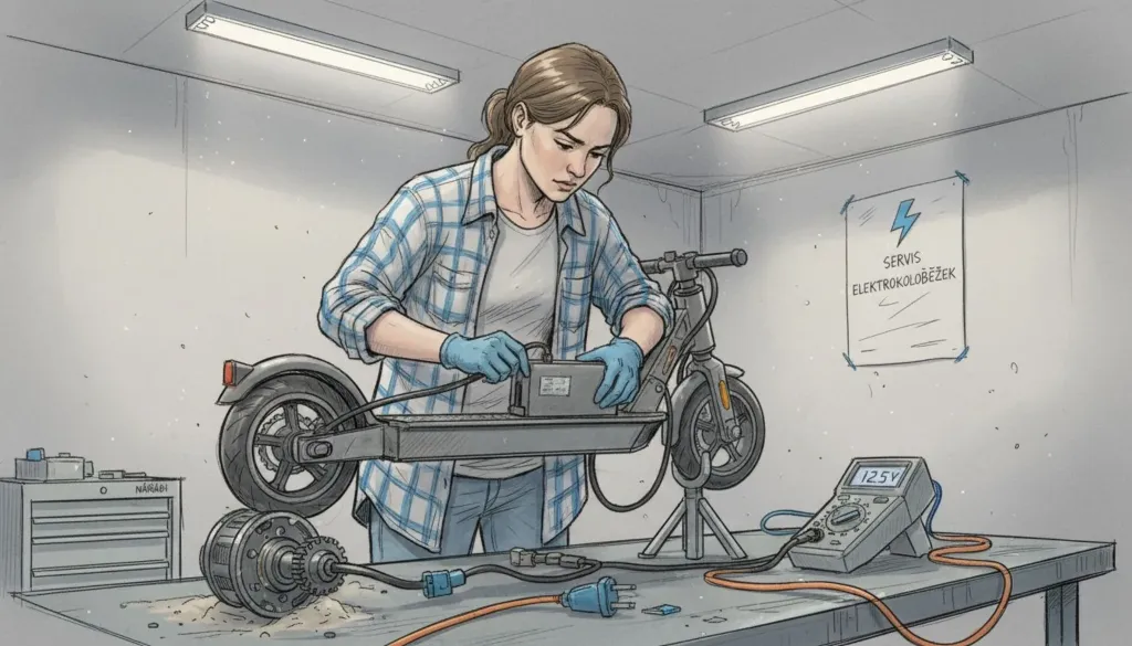 Žena opravuje baterii elektrického kola v dílně s multimetrem.