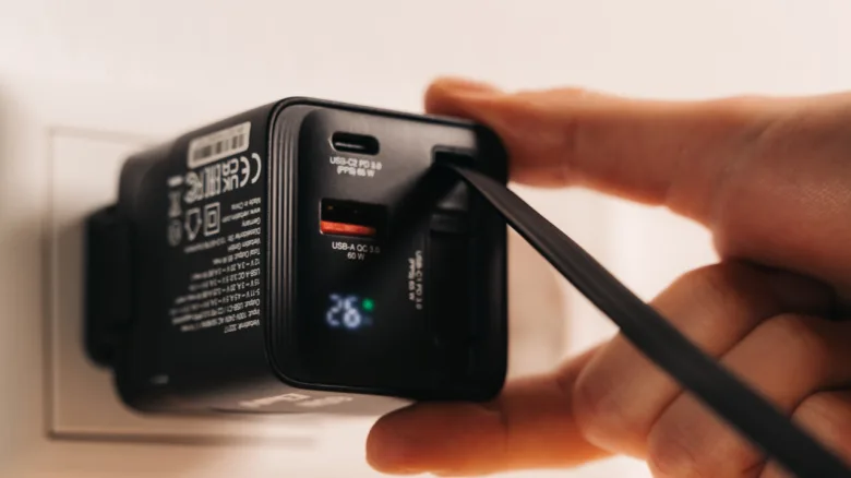 Ruka zapojuje nabíječku s portem USB-C do zásuvky pro nabití notebooku.