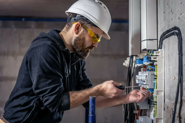 Elektrikář pracuje na rozvaděči s jističi.