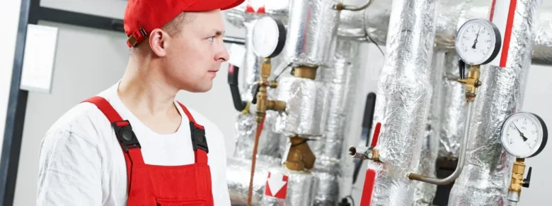 Technik kontroluje tlakové manometry na topném kotli v domácnosti.