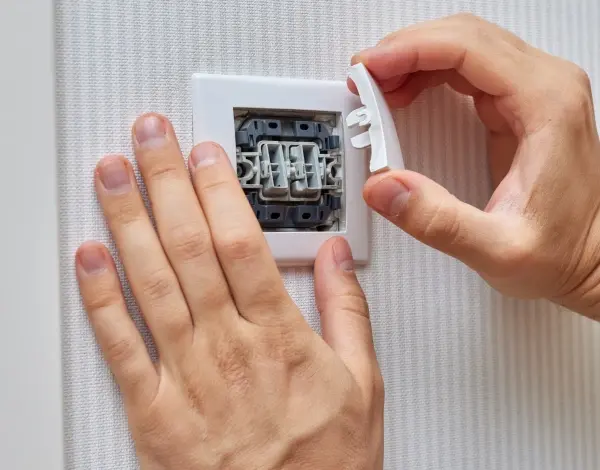 Ruční instalace elektrické zásuvky s viditelnými modrým a hnědým vodičem.