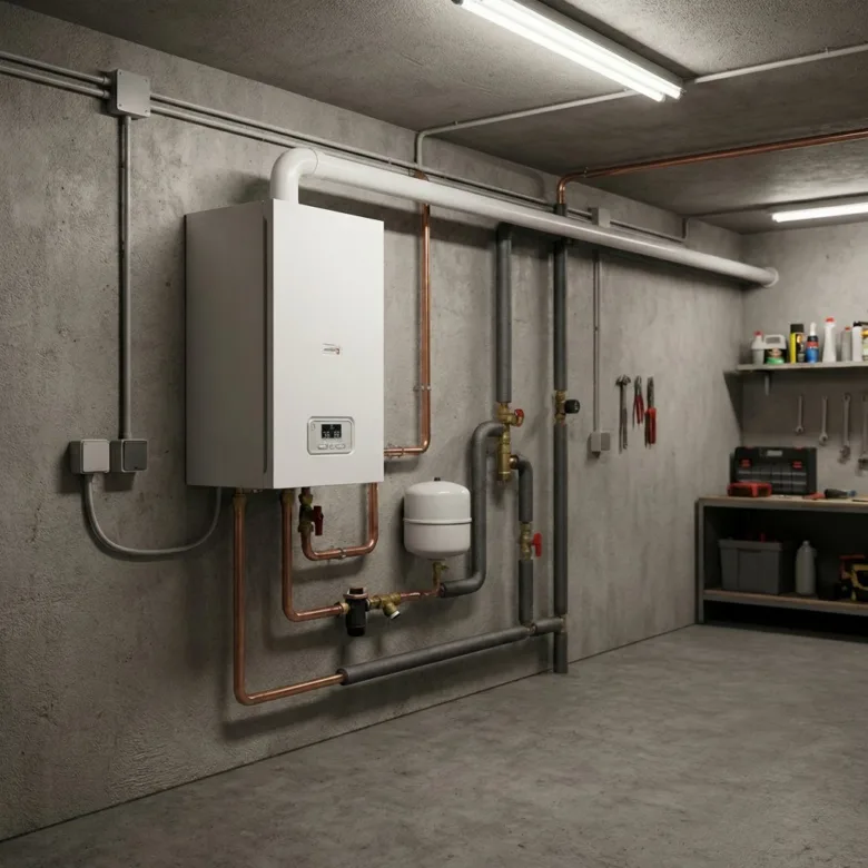 Bílý elektrický kotel s měděnými potrubími v podkroví.