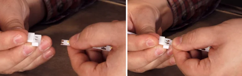 Ruční připojení pásky s LED diodami k napájecímu adaptéru.