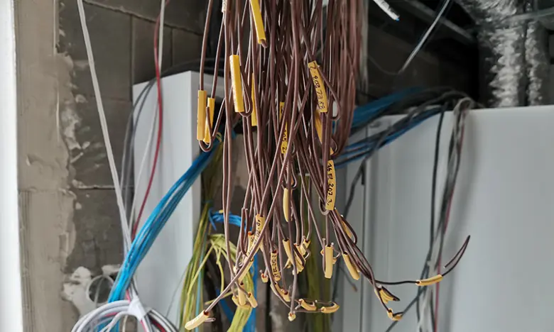 Svisle visící kabely s žlutými štítky pro identifikaci v elektroinstalaci.