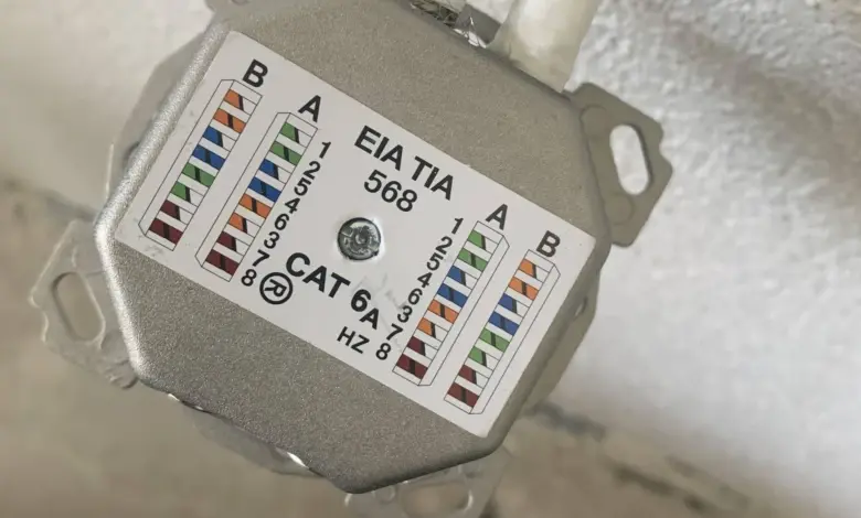 Zapojení zásuvky RJ45 podle standardu TIA/EIA s barevnými vodiči.