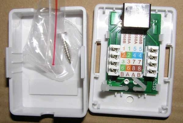 Bílý plastový obal s deskou pro připojení síťové zásuvky RJ45.