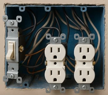 Otevřená elektrická krabice s dvěma zásuvkami a viditelným zapojením.