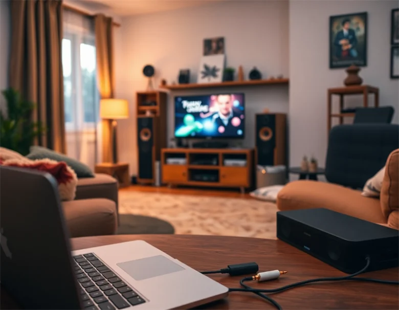 Laptop připojený k reproduktoru pomocí AUX kabelu v obýváku.