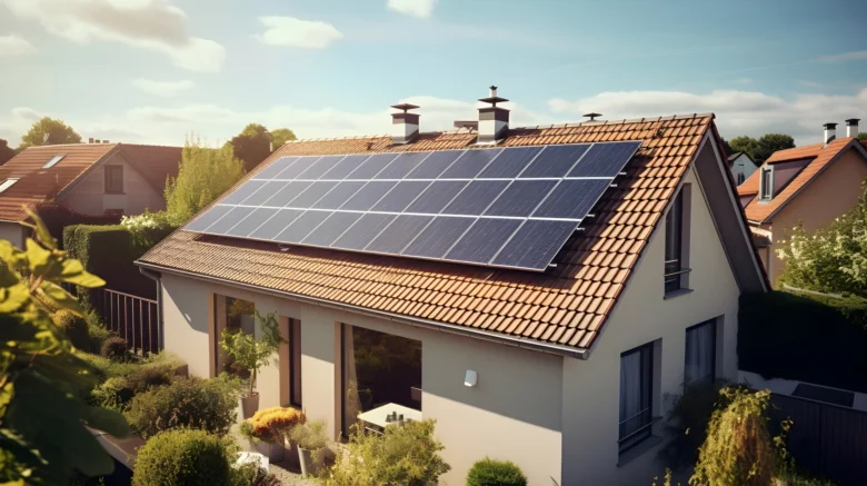 Fotografie domu s fotovoltaickými panely na střeše.