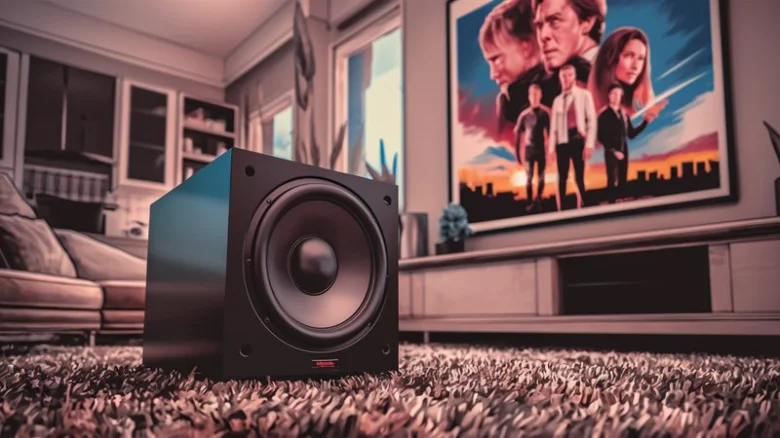 Černý subwoofer na koberci v obýváku s televizorem.