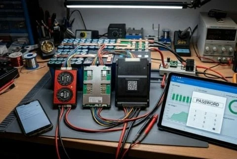 Pracovní stůn s komponenty BMS baterie a diagnostickými nástroji.