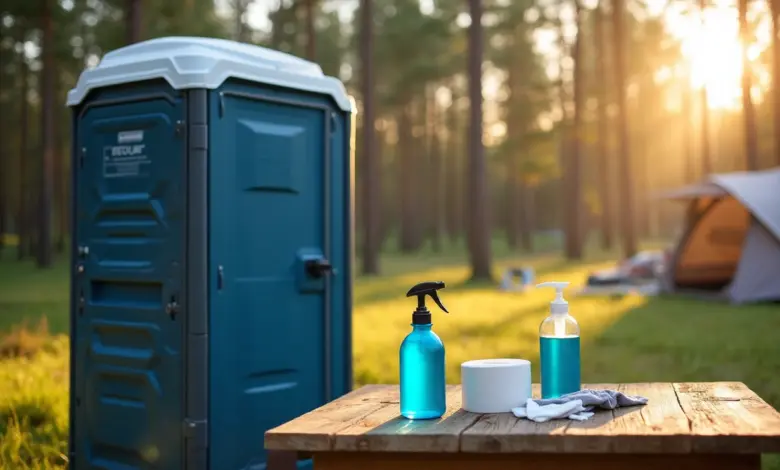 Modulární záchodová nádrž u stolu s hygienickými potřebami v lese.