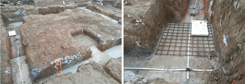 Instalace uzemnění s ocelovou mřížkou v jámě pro betonový základ.