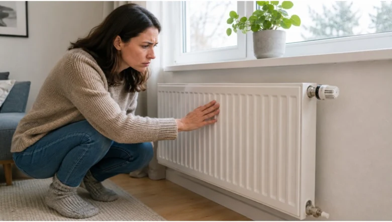 Žena dotýká se radiátoru u okna kvůli jeho nerovnoměrnému zahřívání.