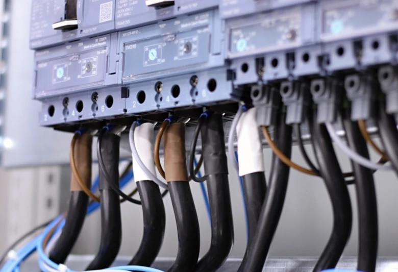Černé kabely připojené k modrým jističům v elektrickém rozvaděči.