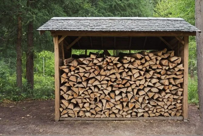 Nápadně uspořené dřevo pod střechou v lese