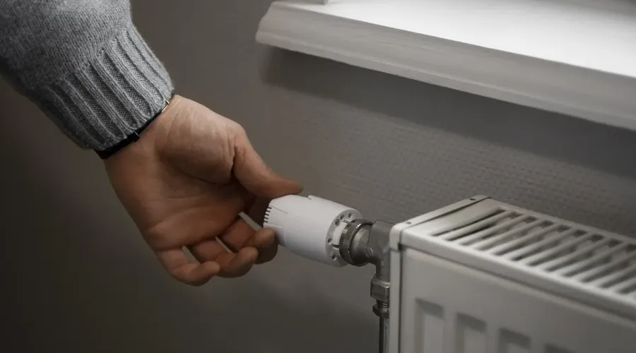 Ruka otáčí manuální ventil na radiátoru topení.