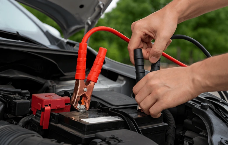 Ruční připojení červených a černých kabelů k automobilové baterii.