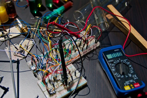 Pracovní plocha s elektronickým obvodem na chlebíčku a multimetrem.