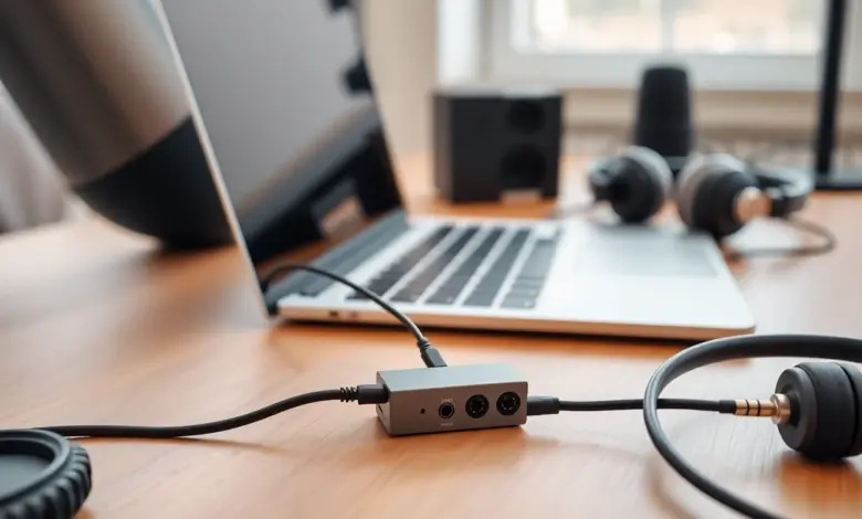 XLR adaptér pro mikrofon na pracovním stole s notebookem.