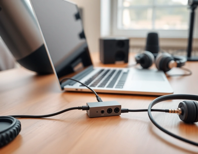 XLR adaptér pro mikrofon na pracovním stole s notebookem.