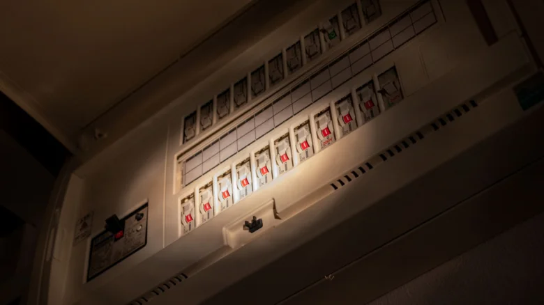 Bílá rozvaděčová skříň s řadou jističů pro elektrickou instalaci.