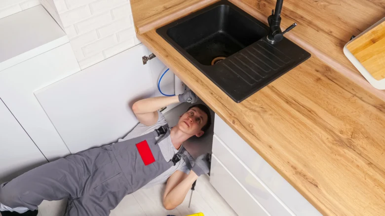 Montér opravuje odtok dřezu pod kuchyňskou linkou.