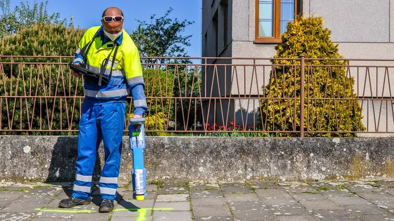 Montáž plynovodu: pracovník s vybavením na ulici.