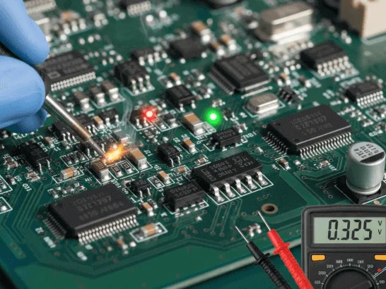 Ruční pájení součástek na zelené desce s elektronickými komponenty.