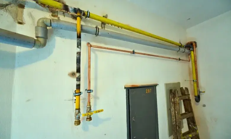 Žluté a měděné potrubí na zdi bytu po výměně stoupaček.
