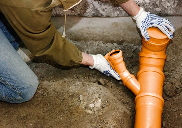 Instalace oranžových kanalizačních trubek v zemi.