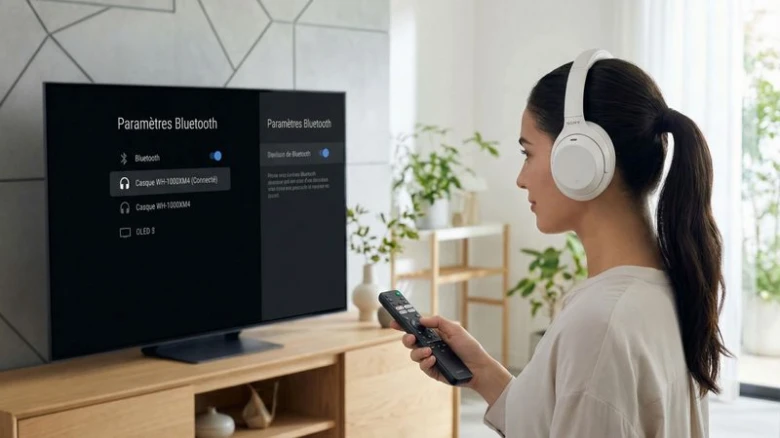 Žena připojuje bezdrátová sluchátka k televizi pomocí Bluetooth.