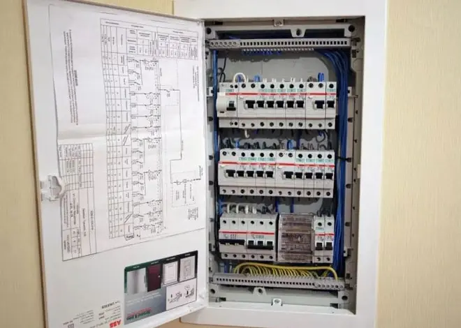 Otevřený elektrický rozváděč s vnitřním zapojením a schématem na dveřích.