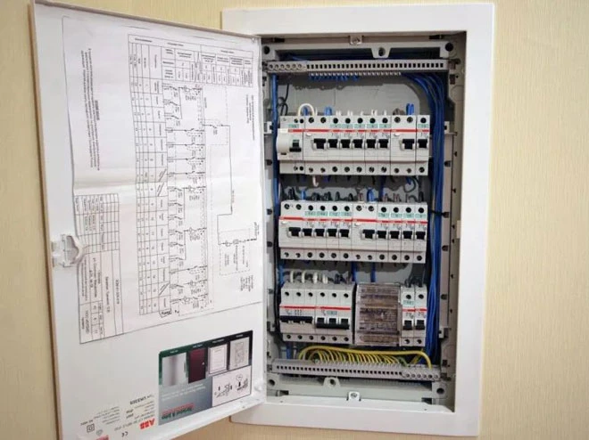 Otevřený elektrický rozváděč s vnitřním zapojením a schématem na dveřích.