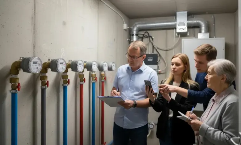 Skupina lidí zkoumá řadu ventilů a měřičů na potrubí v technické místnosti.